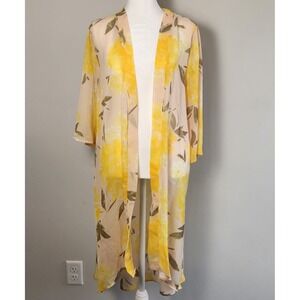 IRIS Kimono Duster Cardigan Women's Small Yellow Cream Green Floral Cover-up